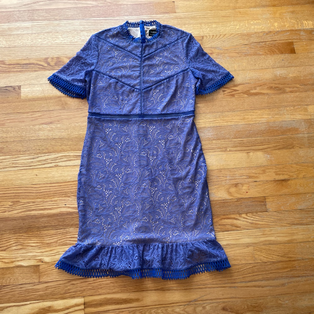 Beautiful Alexa Blue Lace Bardot Dress Size 12 XL EUC with Short Sleeves